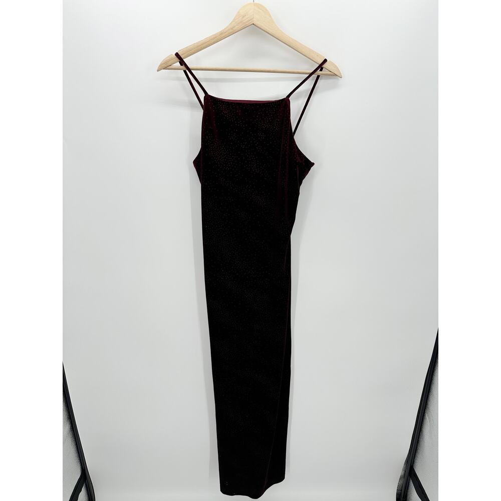 Be Smart Vintage Maroon Velvet Sparkle Maxi Halter Dress Slit Gown USA Size 9/10